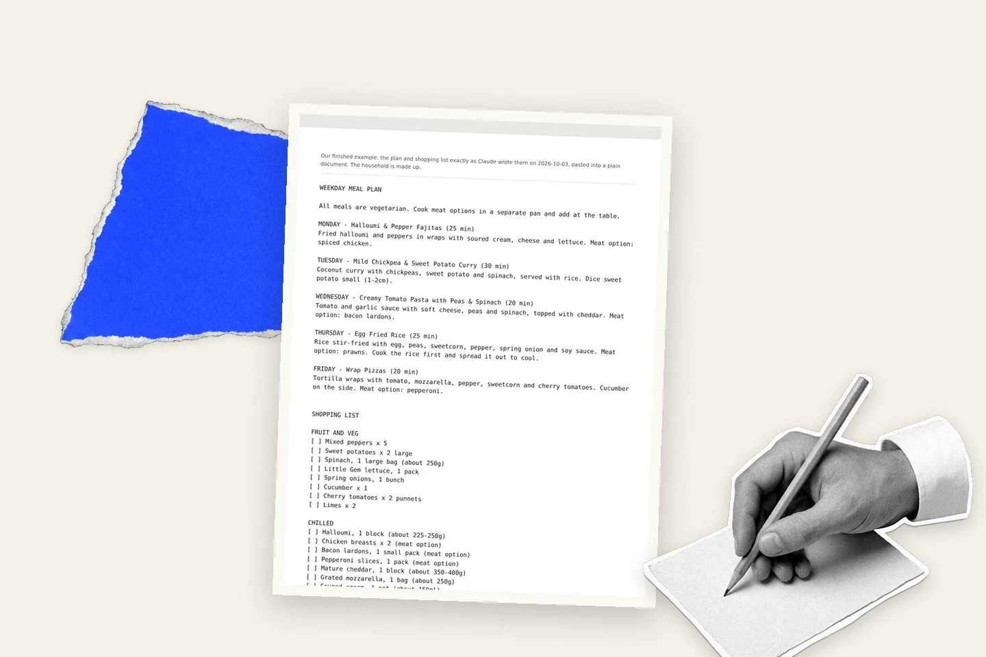 Course cover: a printed week of meals and a shopping list, with a hand sketching beside it and torn blue paper
