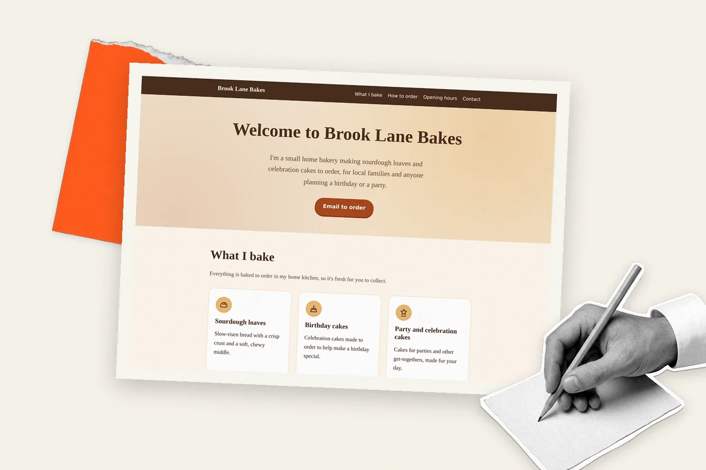 Course cover: a photographic collage of hands building a one-page bakery website with AI
