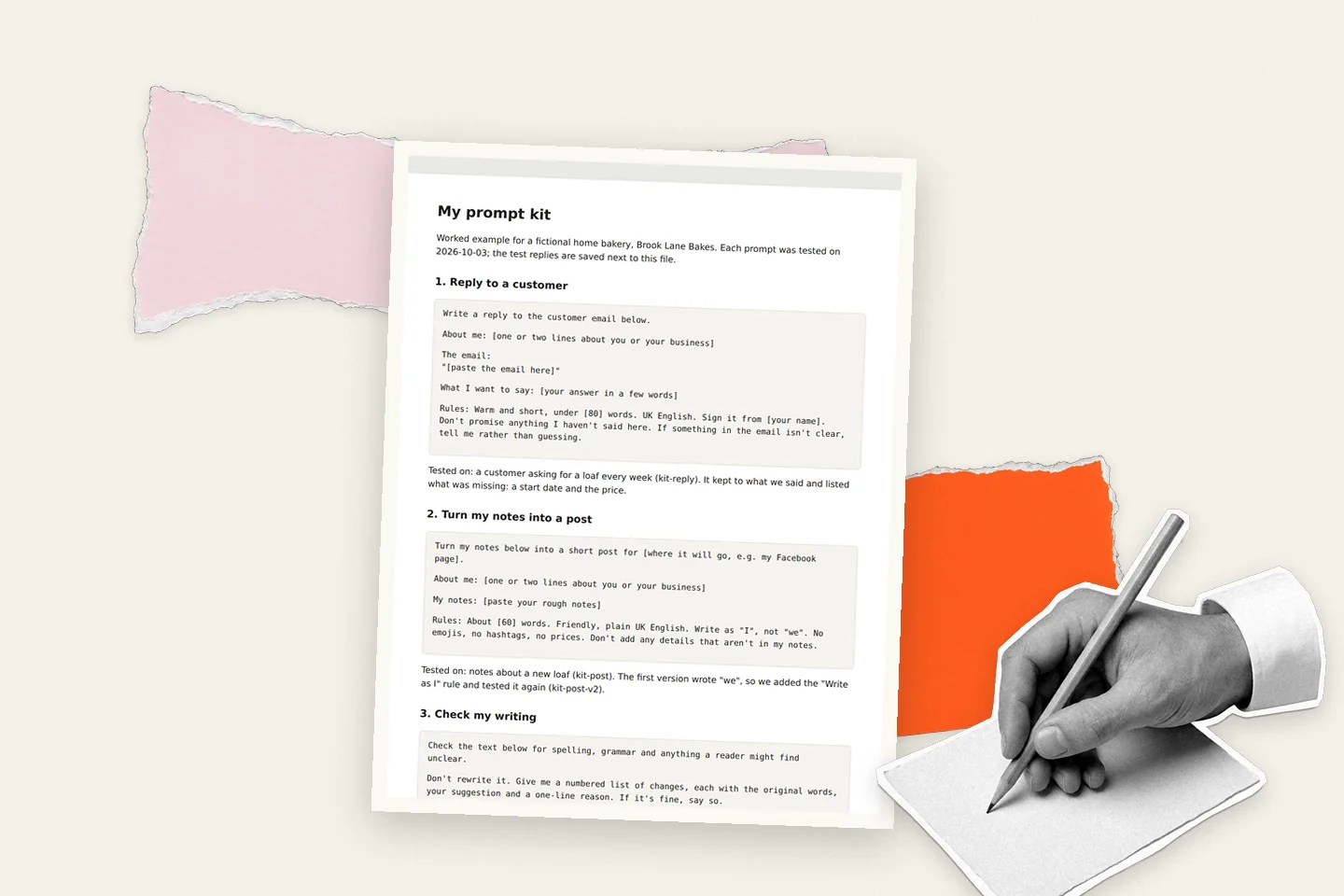 Course cover: a printed prompt kit of three tested templates, with a hand sketching beside it and torn pink and orange paper