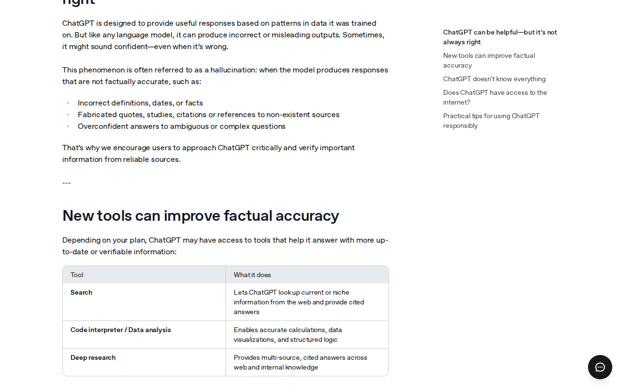 OpenAI’s help page "Does ChatGPT tell the truth?", listing the kinds of hallucination: incorrect definitions, dates or facts; fabricated quotes, studies, citations or references; and overconfident answers to ambiguous or complex questions.