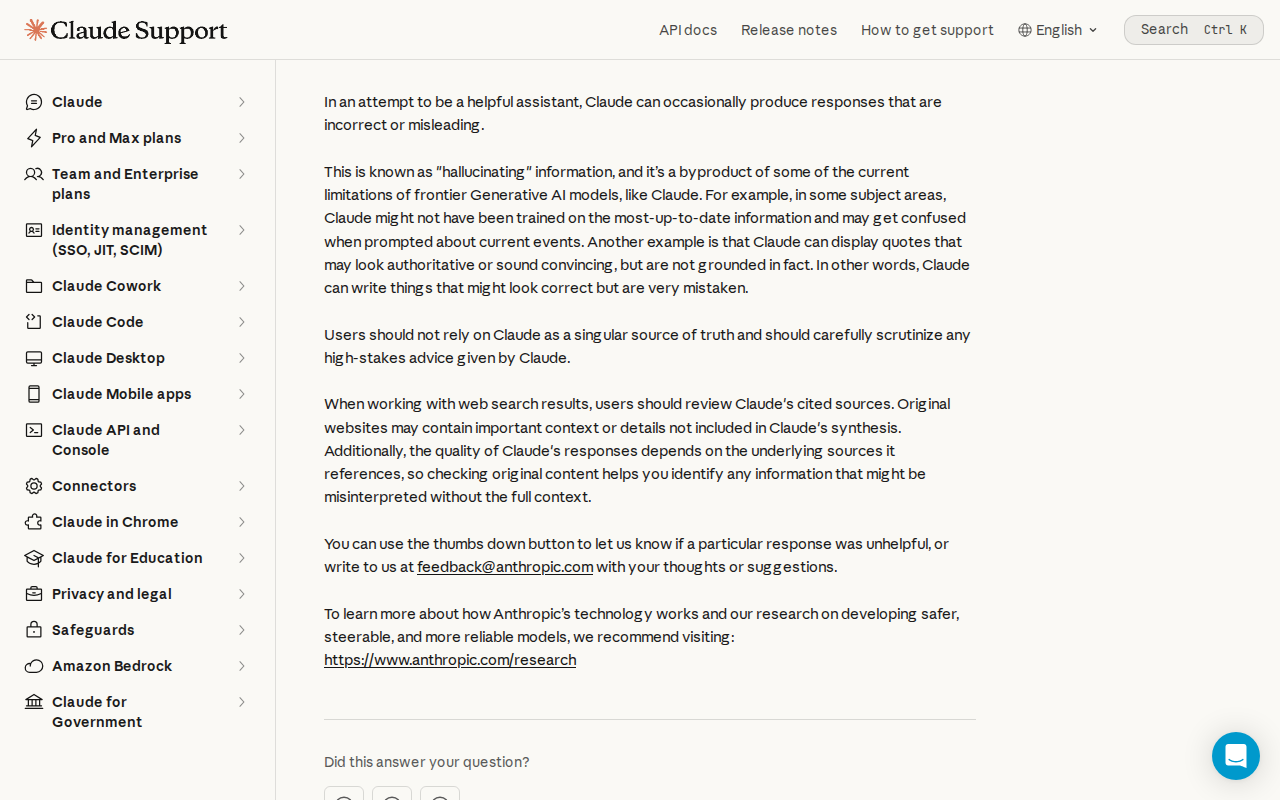 Claude’s help page about incorrect or misleading responses. It explains that Claude can "hallucinate" information and says users should not rely on Claude as a singular source of truth.