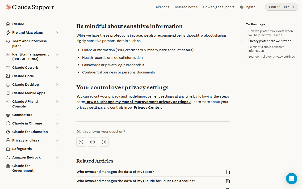 Claude’s help page section "Be mindful about sensitive information", listing financial information, health records or medical information, passwords or private login credentials, and confidential business or personal documents.