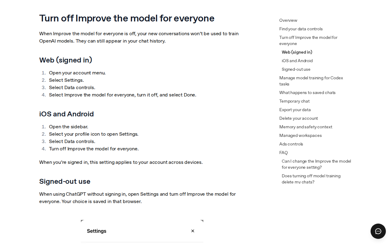 OpenAI’s help page "Data controls in ChatGPT", open at "Turn off Improve the model for everyone", with the steps for the web: open your account menu, select Settings, select Data controls, then turn off Improve the model for everyone and select Done.