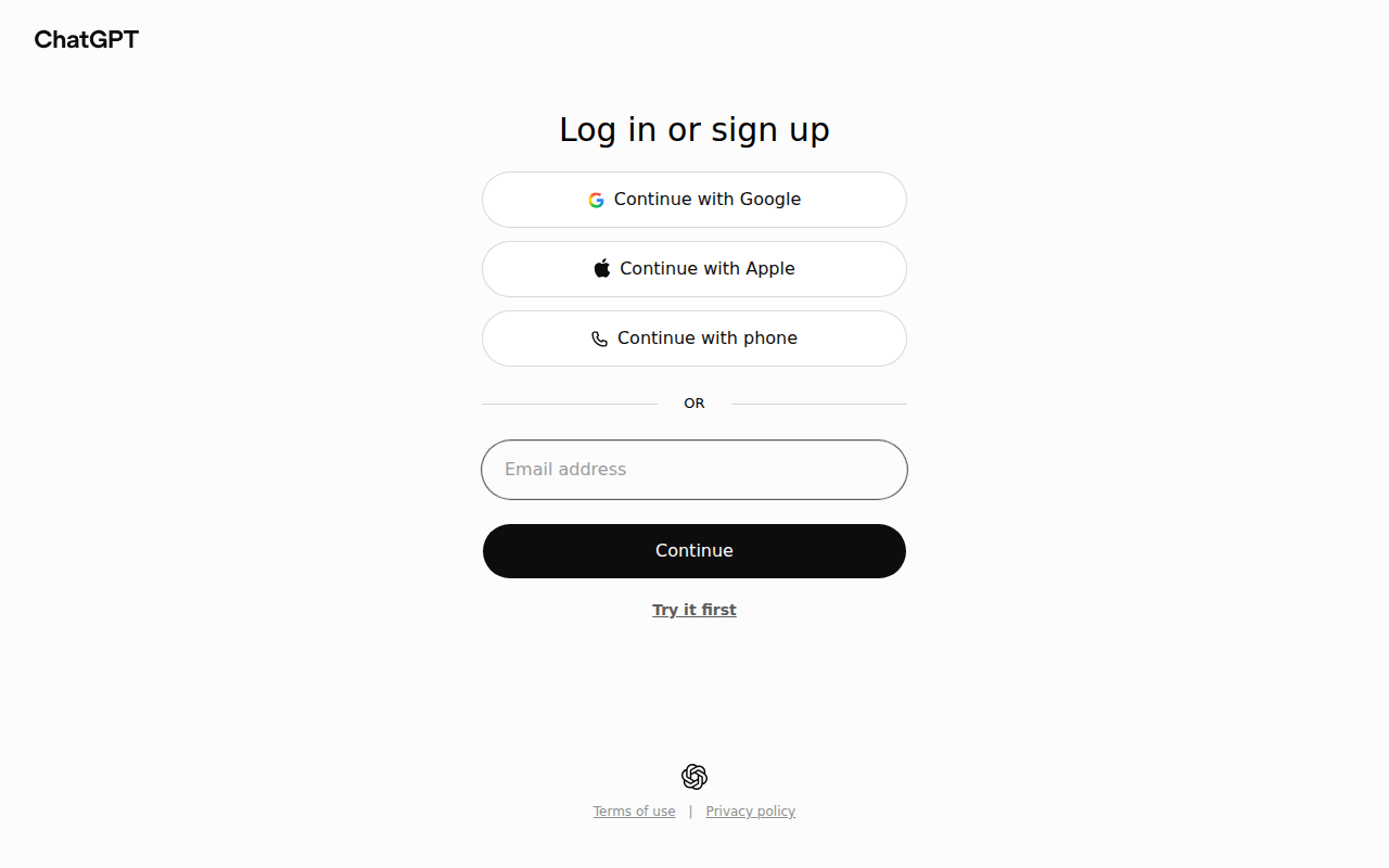 ChatGPT’s "Log in or sign up" page: buttons to continue with Google, Apple or phone, an email address box with a Continue button, and a "Try it first" link underneath.