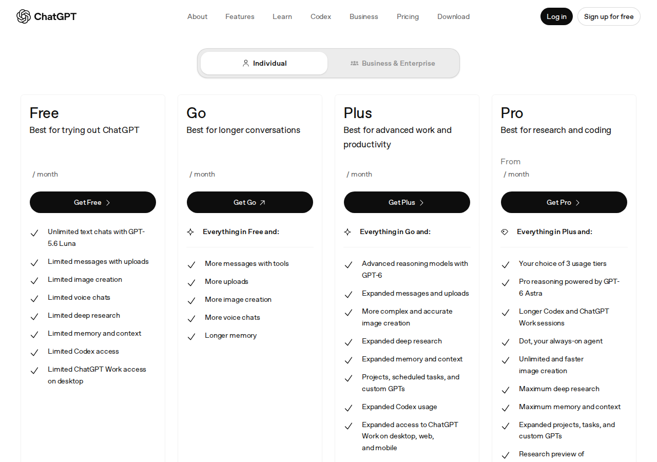 ChatGPT’s pricing page with four plans side by side: Free, Go, Plus and Pro. The Free plan is described as "Best for trying out ChatGPT". The prices did not load in our capture, so the price lines are blank.
