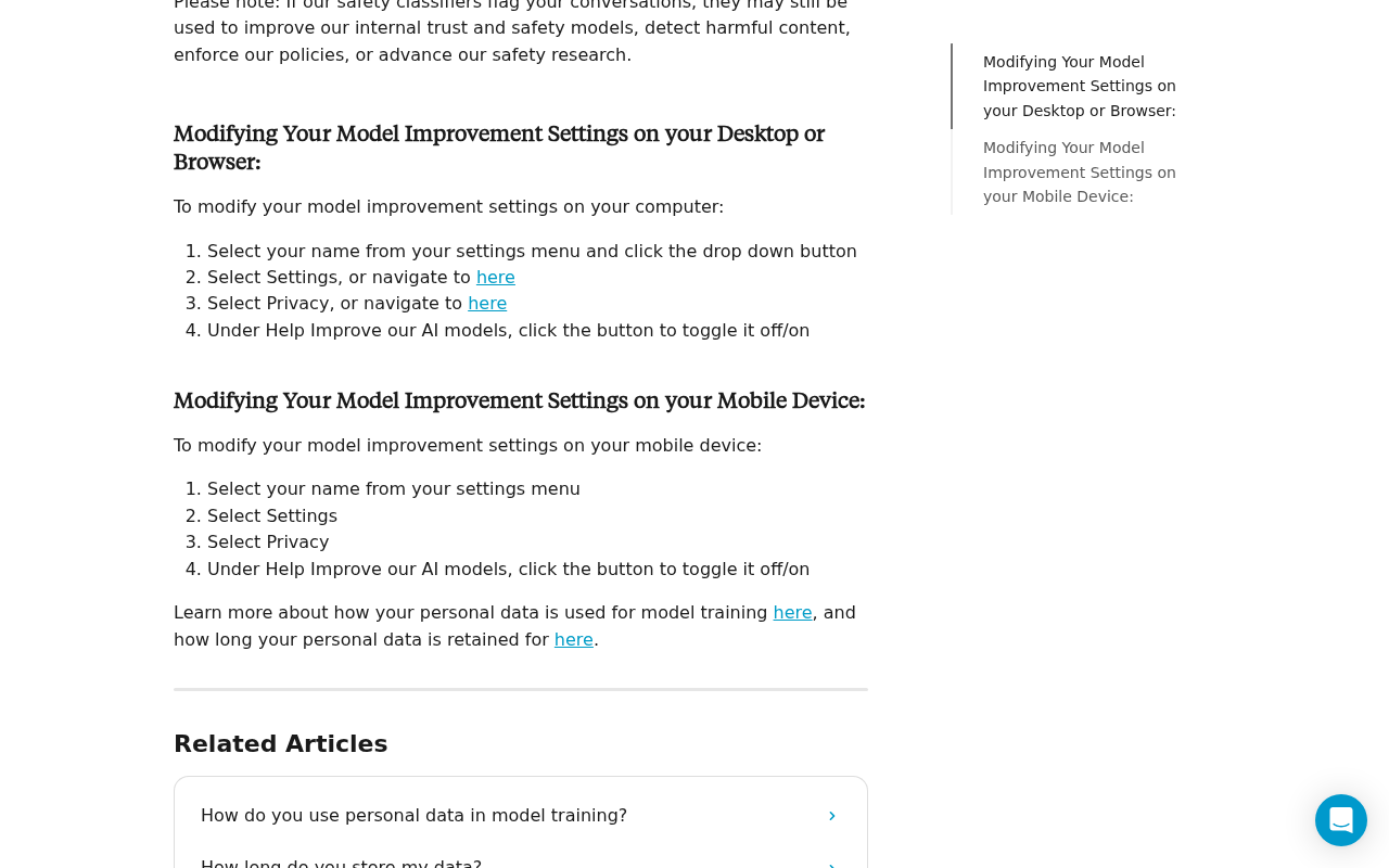 Anthropic’s privacy help page showing the steps on a computer: select your name, select Settings, select Privacy, and under Help Improve our AI models, click the button to toggle it off or on.