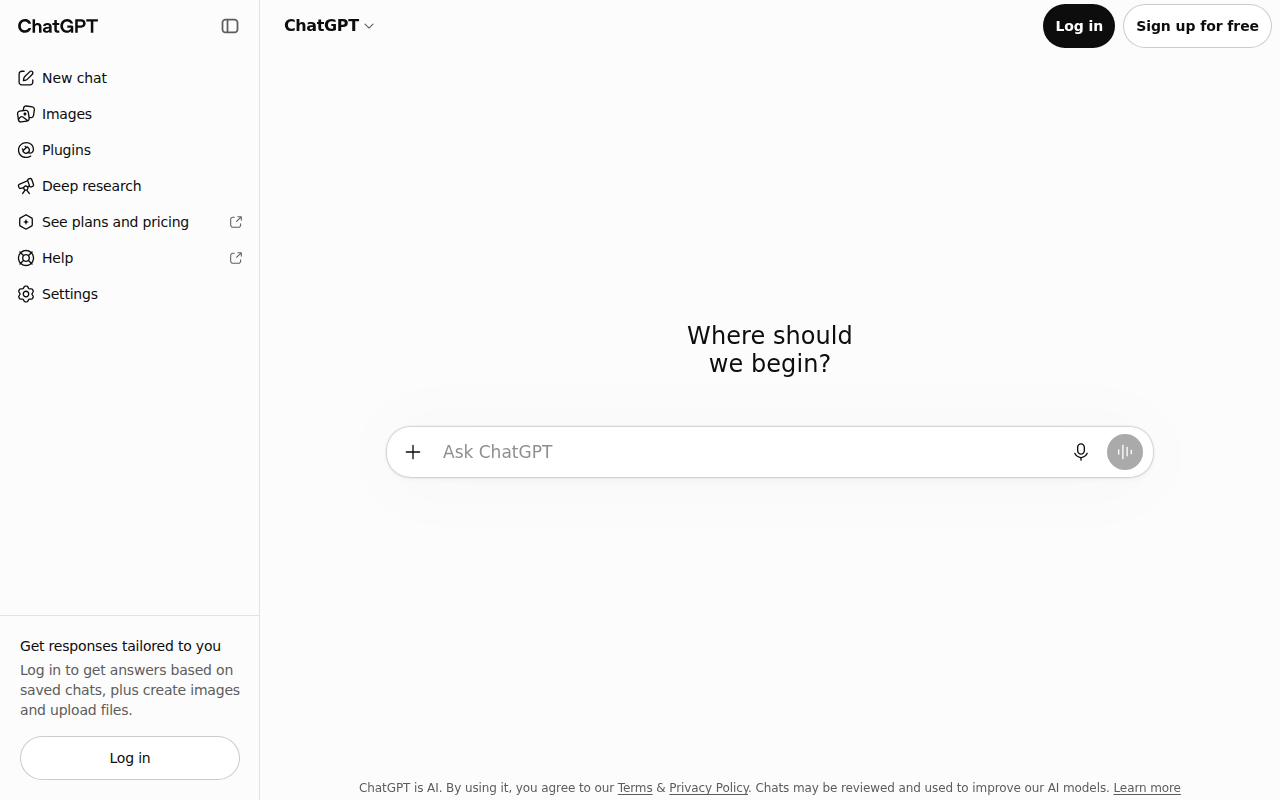 ChatGPT’s front page without signing in: the heading "Where should we begin?", a message box that says "Ask ChatGPT", a "Sign up for free" button at the top right, and a line at the bottom saying chats may be reviewed and used to improve its AI models.
