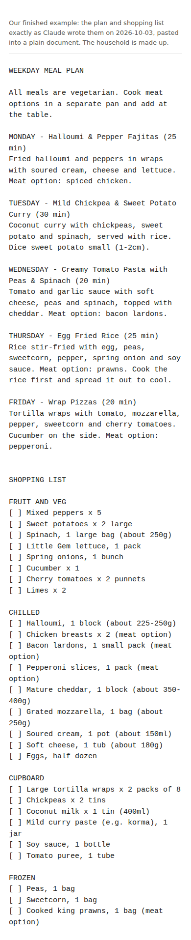 The same meal plan on a phone screen, starting with the heading "WEEKDAY MEAL PLAN".