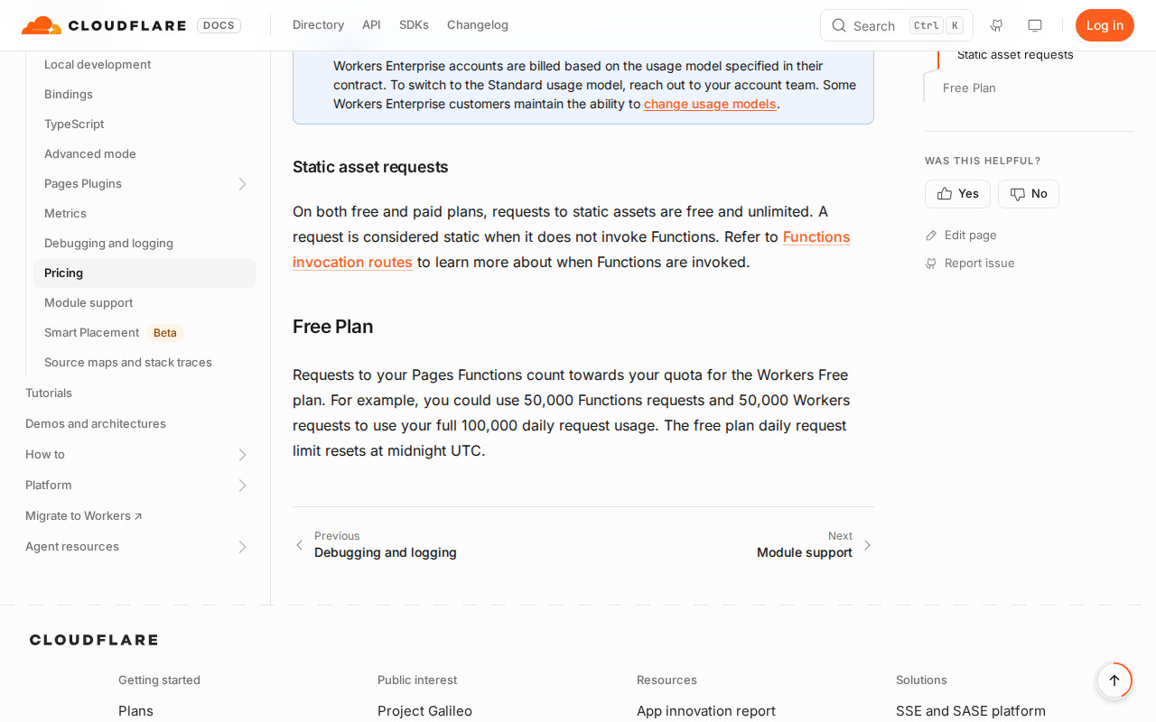 Cloudflare’s documentation page about Pages pricing, open at the heading "Static asset requests", which says requests to static assets are free and unlimited on both free and paid plans.