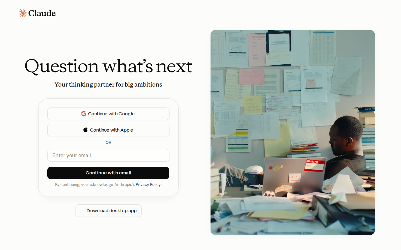 The Claude sign-in page: buttons to continue with Google or Apple, a box to enter your email address and a black "Continue with email" button.