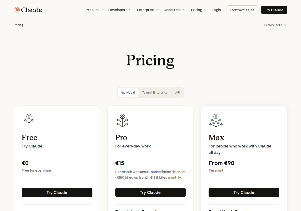 Claude’s pricing page with three plans side by side: Free, Pro and Max. The Free plan shows €0 and "Free for everyone". Prices were shown in euros because our capture ran from a server in Europe.