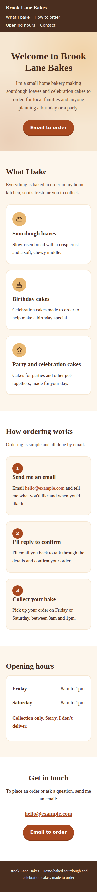 The Brook Lane Bakes page at phone width: the menu wraps onto two lines and the cards stack into one column.