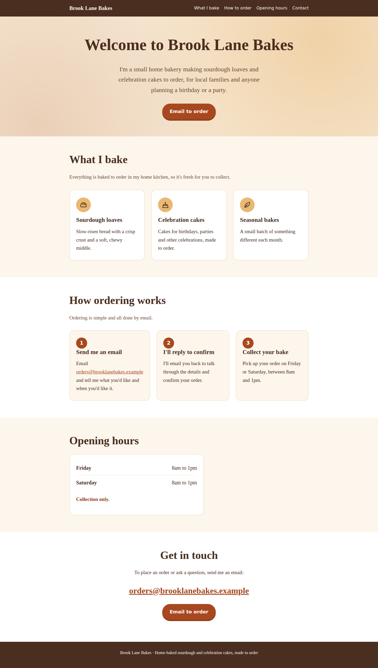 The Brook Lane Bakes page after the changes: the cards now read Sourdough loaves, Celebration cakes and Seasonal bakes, the email address reads orders@brooklanebakes.example in the ordering steps and the contact section, and the opening hours note now just says "Collection only."