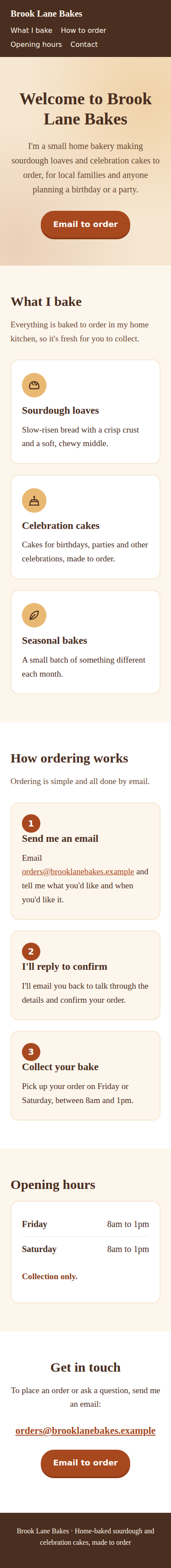 The changed Brook Lane Bakes page at phone width: the three cards stack into one column and the longer email address still fits on one line.