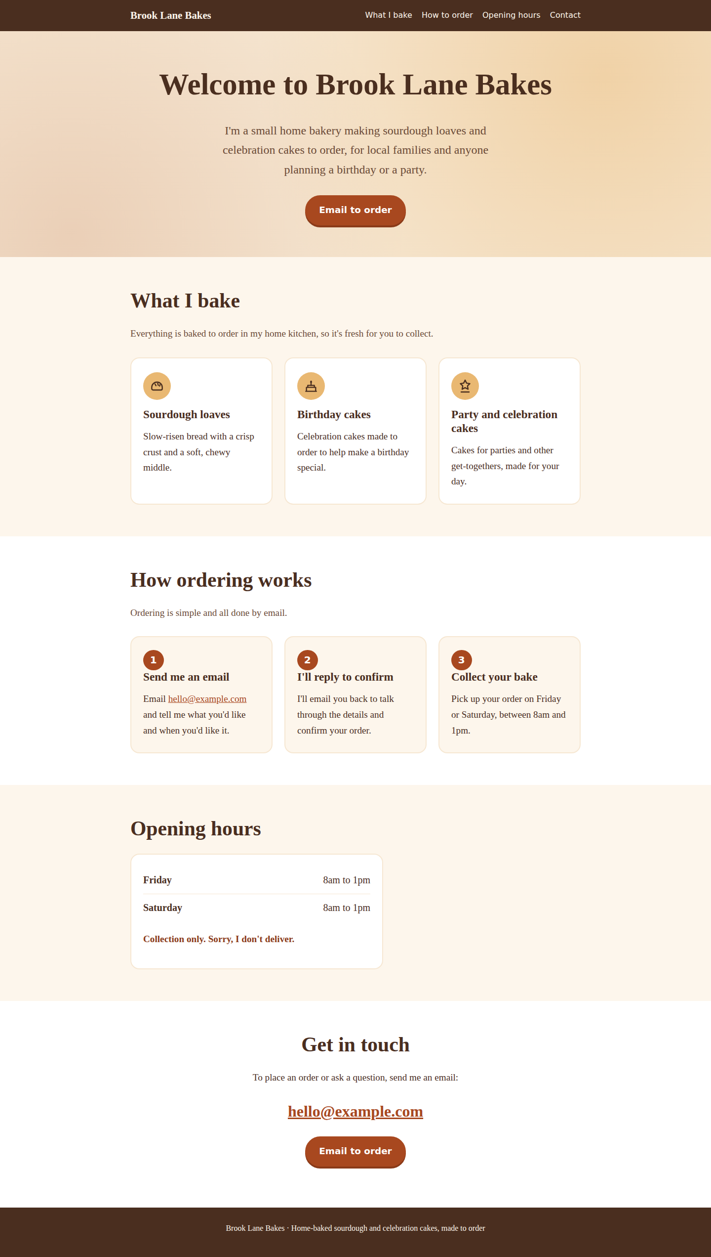 The whole Brook Lane Bakes page as Claude first made it, with problems marked: two cake cards that say nearly the same thing, the example email address in the ordering steps and the contact section, and the line "Collection only. Sorry, I don't deliver." under the opening hours.