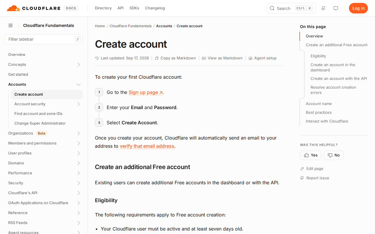 Cloudflare’s "Create account" instructions: go to the sign-up page, enter your email and password, select Create Account. Below, a note that Cloudflare sends an email to verify your address.