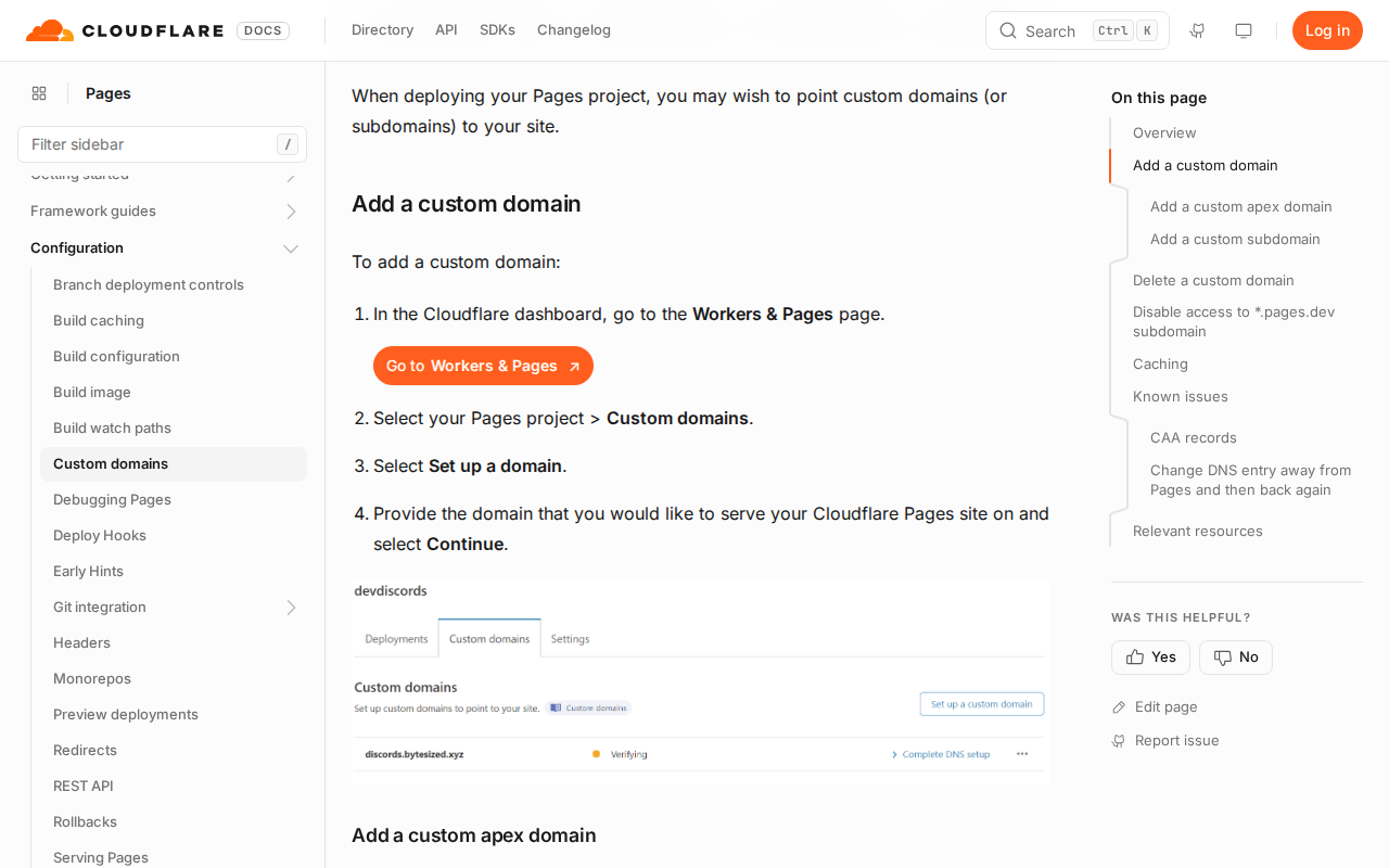 Cloudflare’s "Add a custom domain" instructions: select your Pages project, then Custom domains, then Set up a domain, then type the domain and select Continue.