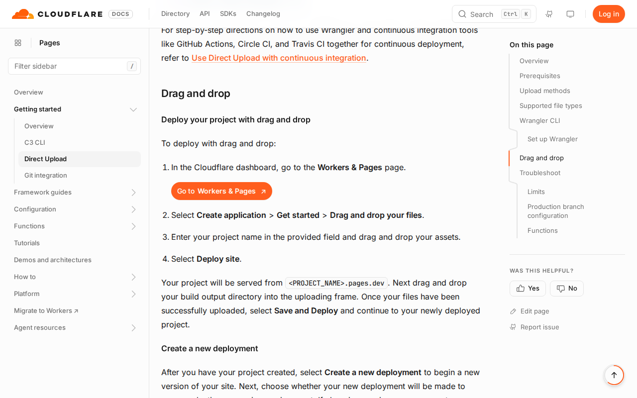 Cloudflare’s Direct Upload instructions, open at "Deploy your project with drag and drop": four numbered steps, from going to Workers & Pages to selecting Deploy site.