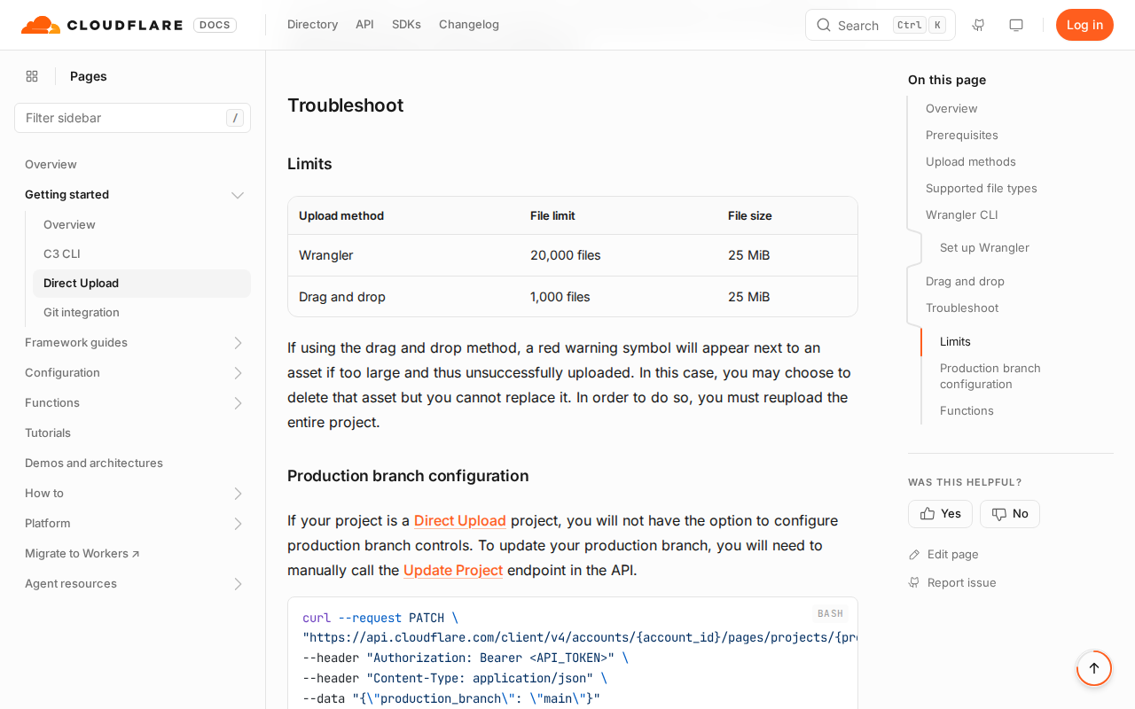 Cloudflare’s Direct Upload limits table: Wrangler takes 20,000 files and drag and drop takes 1,000 files, each up to 25 MiB.