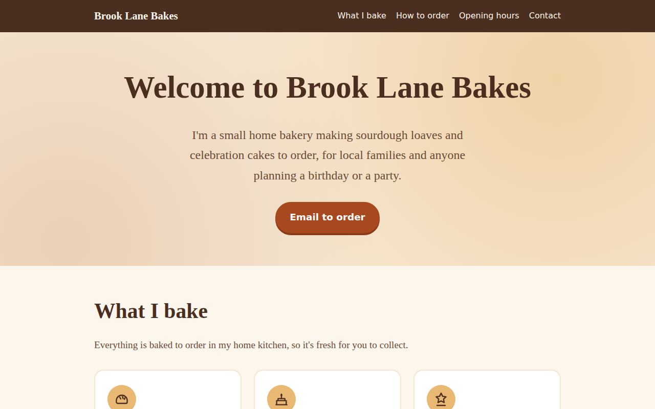 The Brook Lane Bakes page opened from a local file: a dark brown bar with the name and four menu links, a large "Welcome to Brook Lane Bakes" heading, a short introduction and an "Email to order" button.