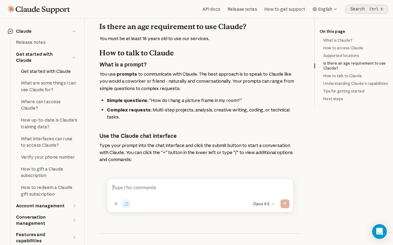 Anthropic’s Claude Help Center page “Get started with Claude”, showing the heading “What is a prompt?” and the advice to speak to Claude like a coworker or friend.