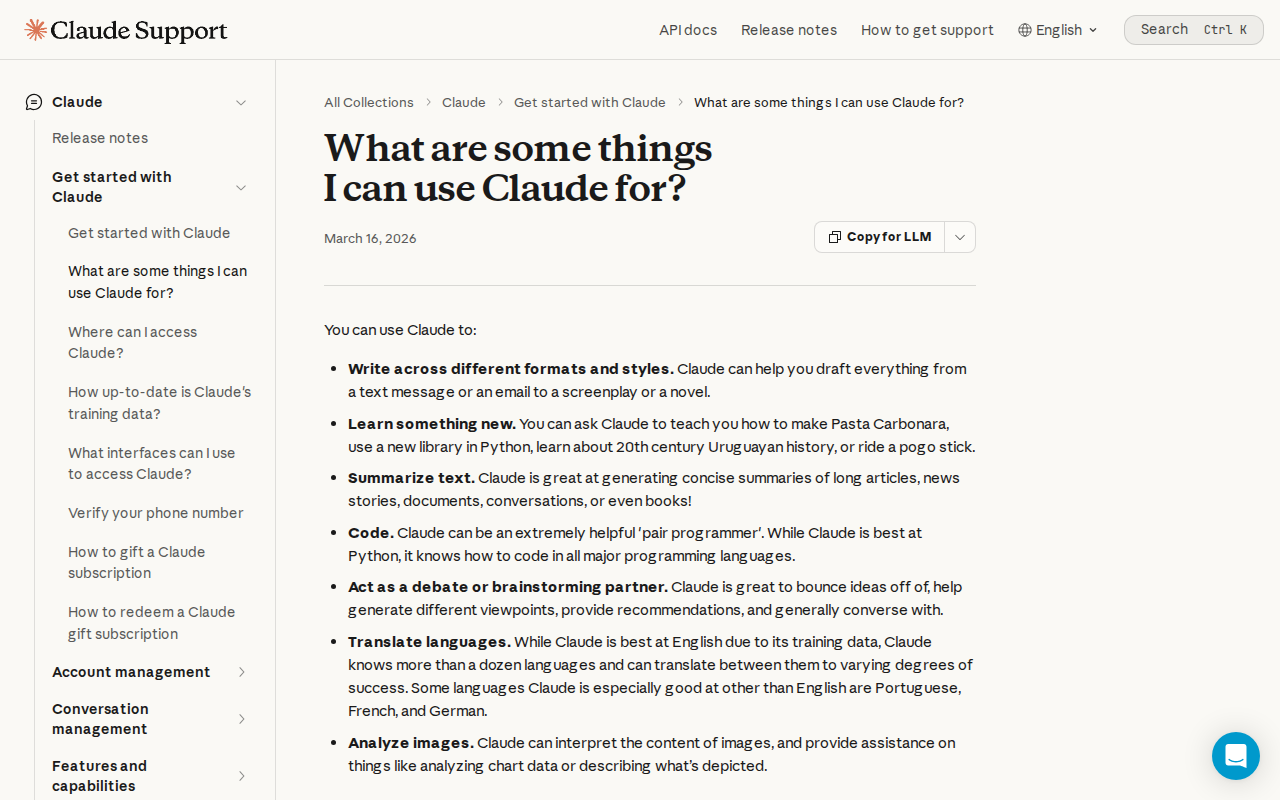 Anthropic’s help page “What are some things I can use Claude for?”, listing writing, learning something new, summarising text, coding, brainstorming, translating and analysing images.