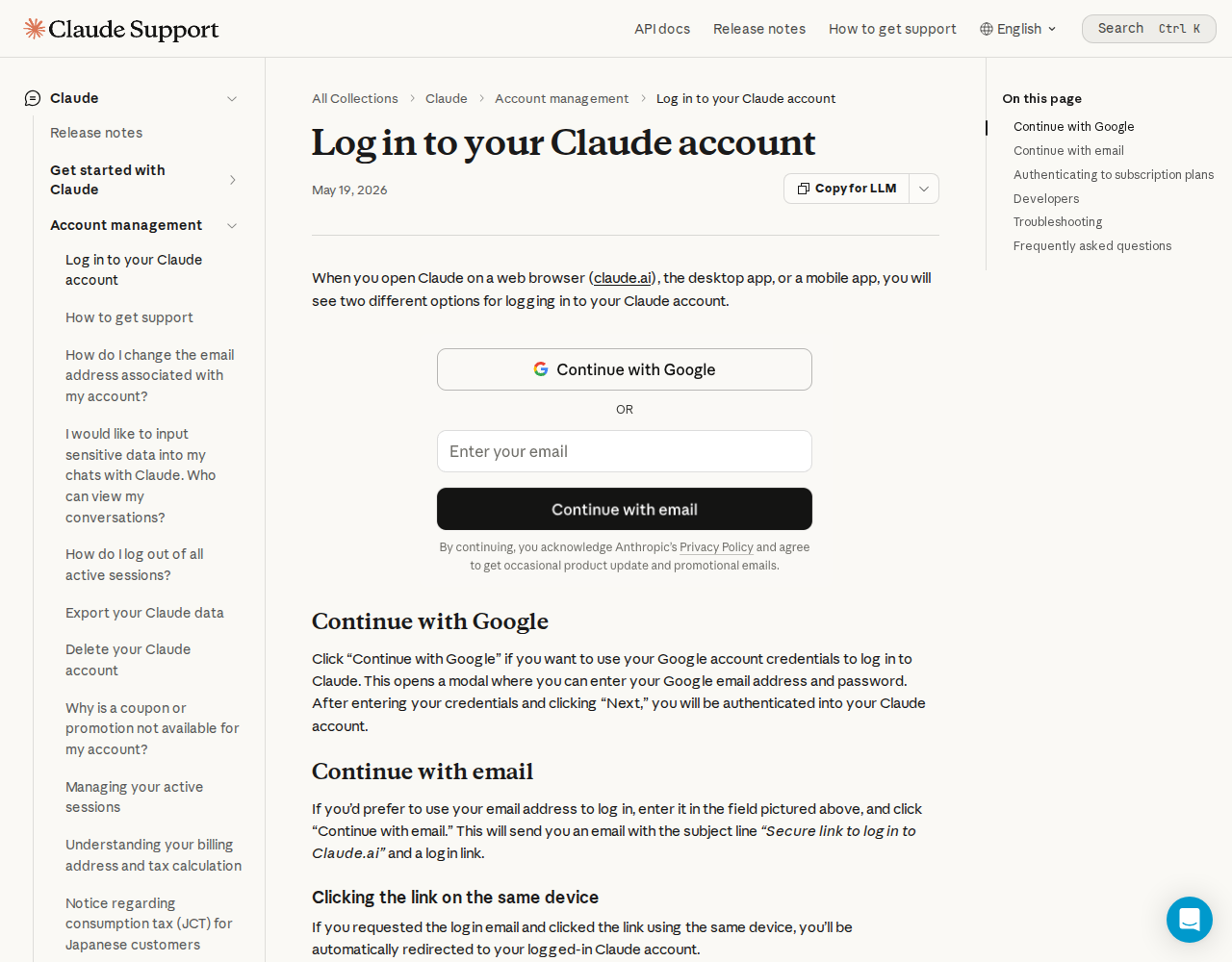 Anthropic’s help page “Log in to your Claude account”, showing the two options: Continue with Google, and an email box with a Continue with email button.