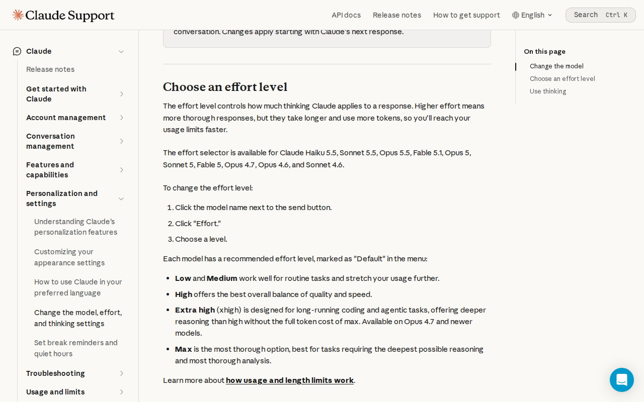 Anthropic’s help page “Change the model, effort, and thinking settings”, showing the steps to change the model and the list of effort levels from Low to Max.
