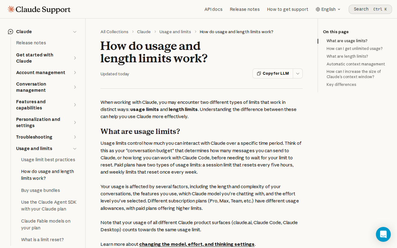 Anthropic’s help page “How do usage and length limits work?”, with the heading “What are usage limits?” and the paragraph on what affects your usage.