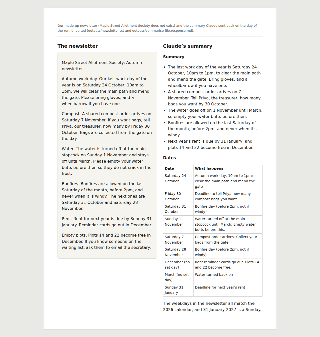 Our made-up newsletter on the left and Claude’s summary on the right: five bullet points and a table of nine dates.