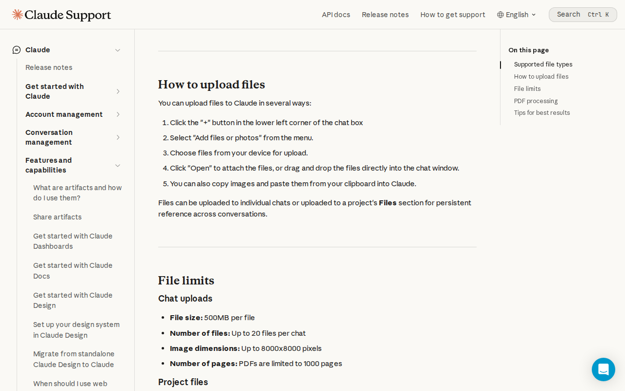 Anthropic’s help page “Upload files to Claude”, showing the steps to click the plus button, choose Add files or photos, or drag and drop.