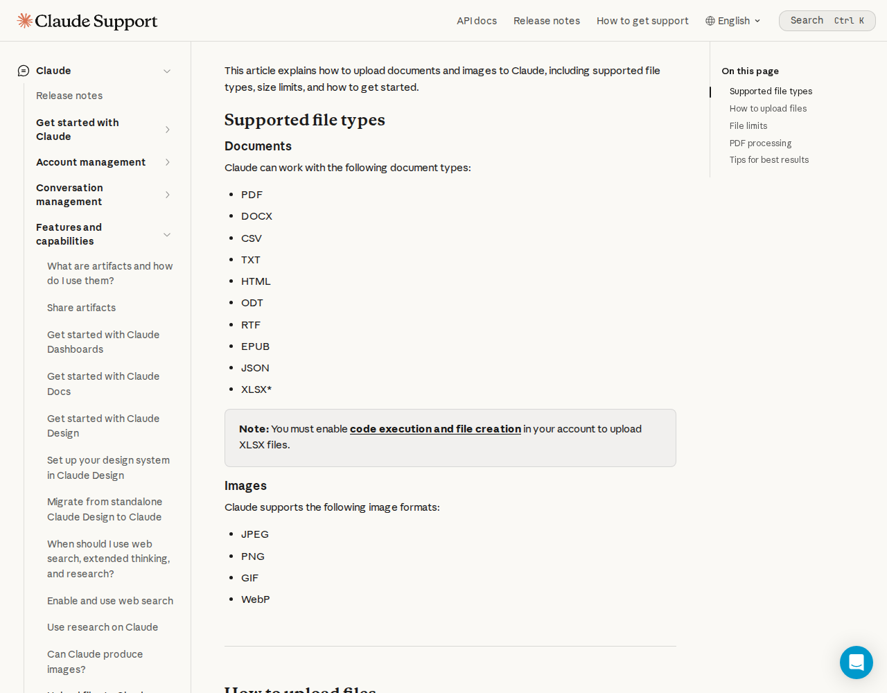 Anthropic’s help page “Upload files to Claude”, listing the supported document types and the supported image formats.