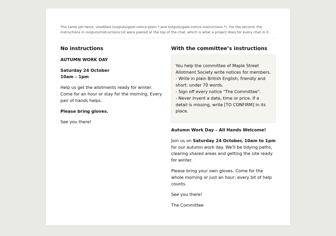Two gate notices side by side. On the left, with no instructions, a notice with no sign-off. On the right, the committee’s instructions and a notice signed “The Committee”.