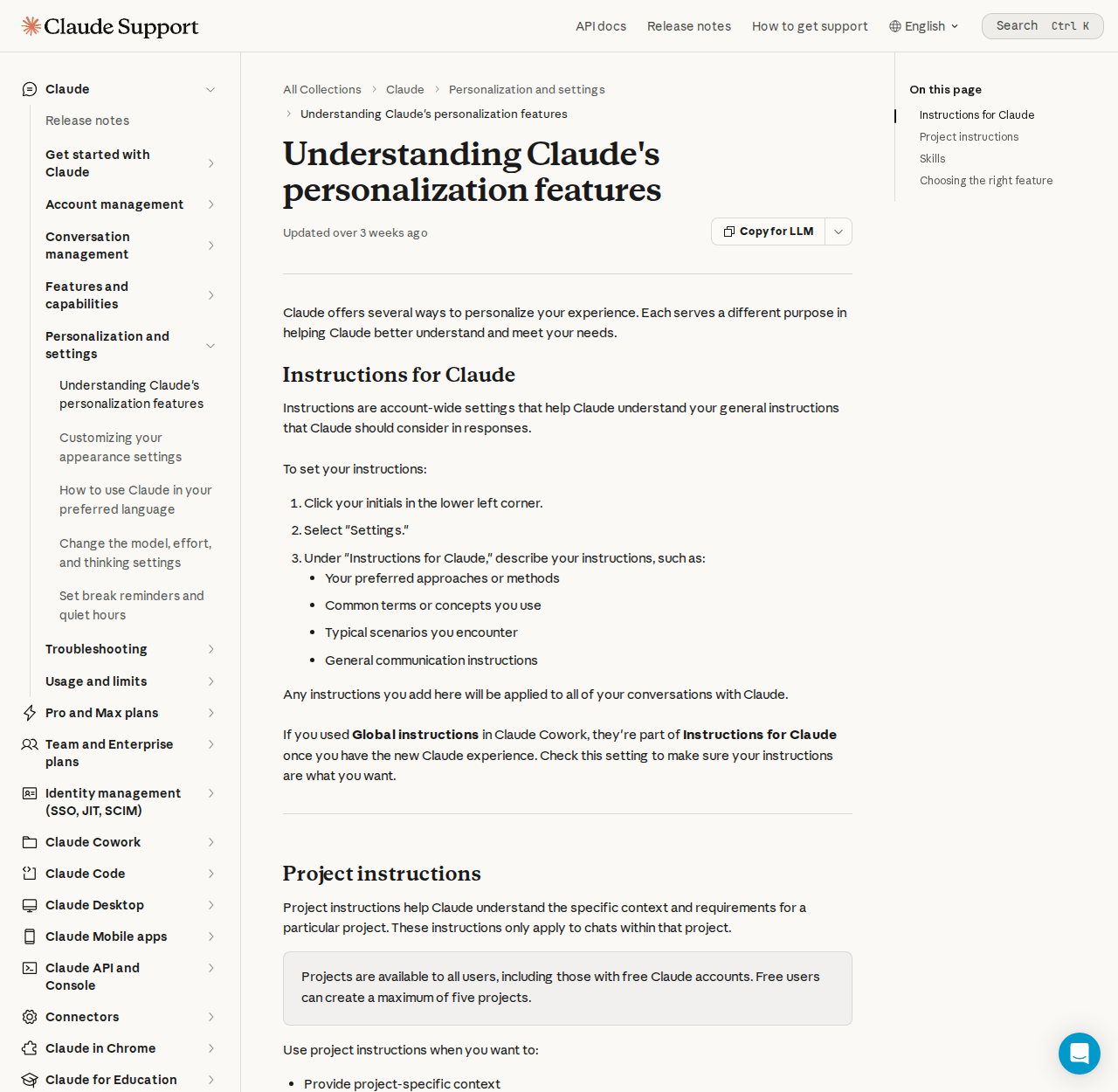 Anthropic’s help page “Understanding Claude’s personalization features”, showing Instructions for Claude, which apply to every conversation, and Project instructions, which apply only to chats in that project.