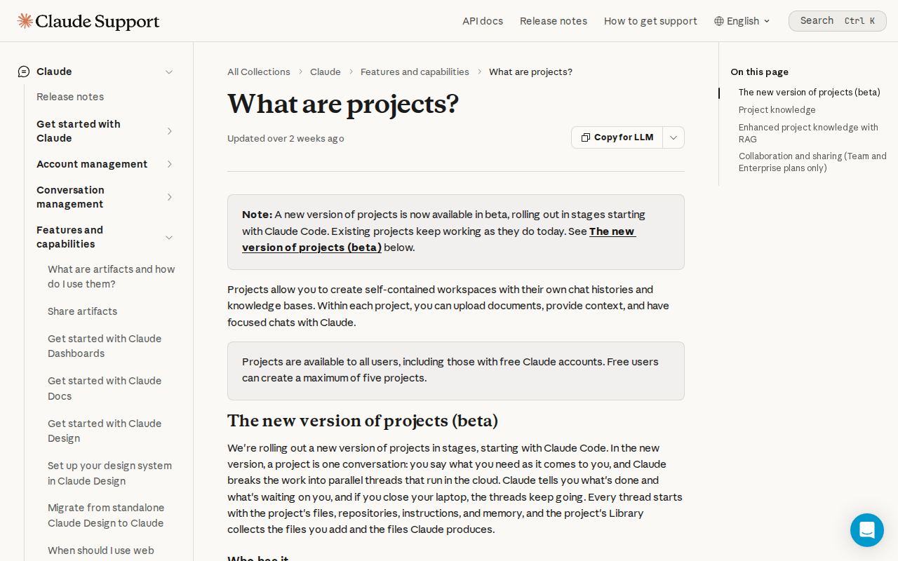 Anthropic’s help page “What are projects?”, with the line that free users can create a maximum of five projects.