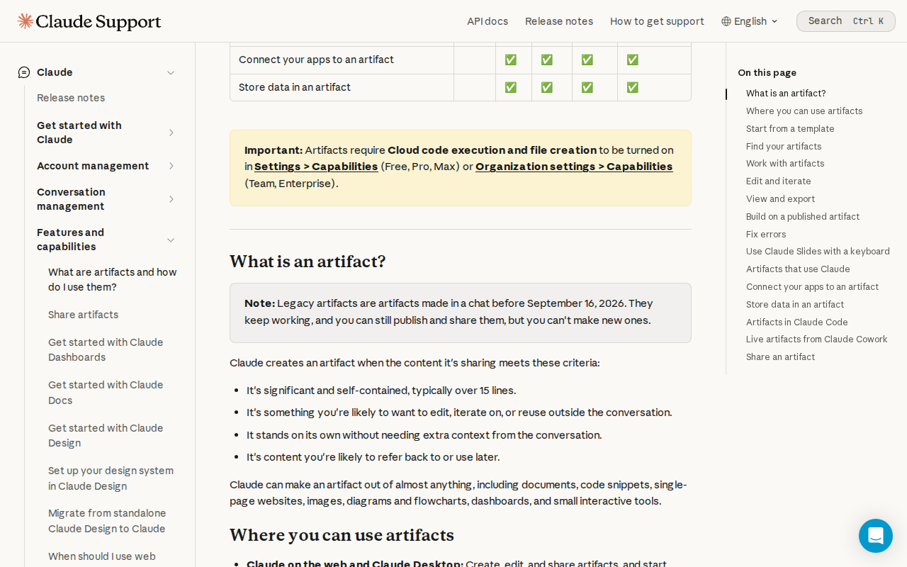 Anthropic’s help page showing the note that artifacts require Cloud code execution and file creation to be turned on in Settings, then Capabilities.