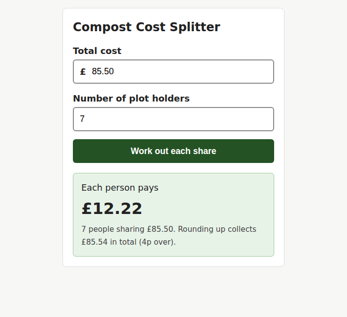 The finished compost cost-splitter: two boxes, a button, and a result of 12.22 pounds each for 7 people sharing 85.50 pounds.