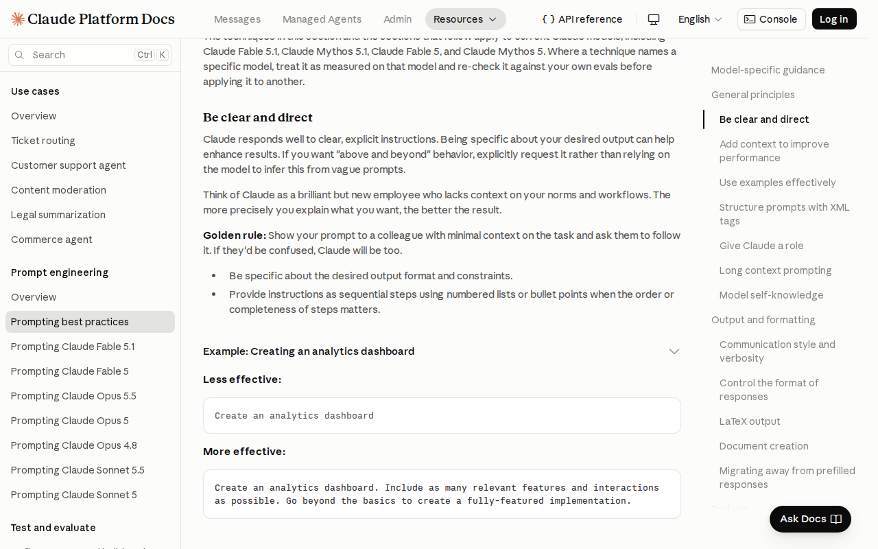 Anthropic’s prompting guide at the heading "Be clear and direct", with the line about treating Claude as a brilliant but new employee, the golden rule, and the advice to be specific about the desired output format and constraints.