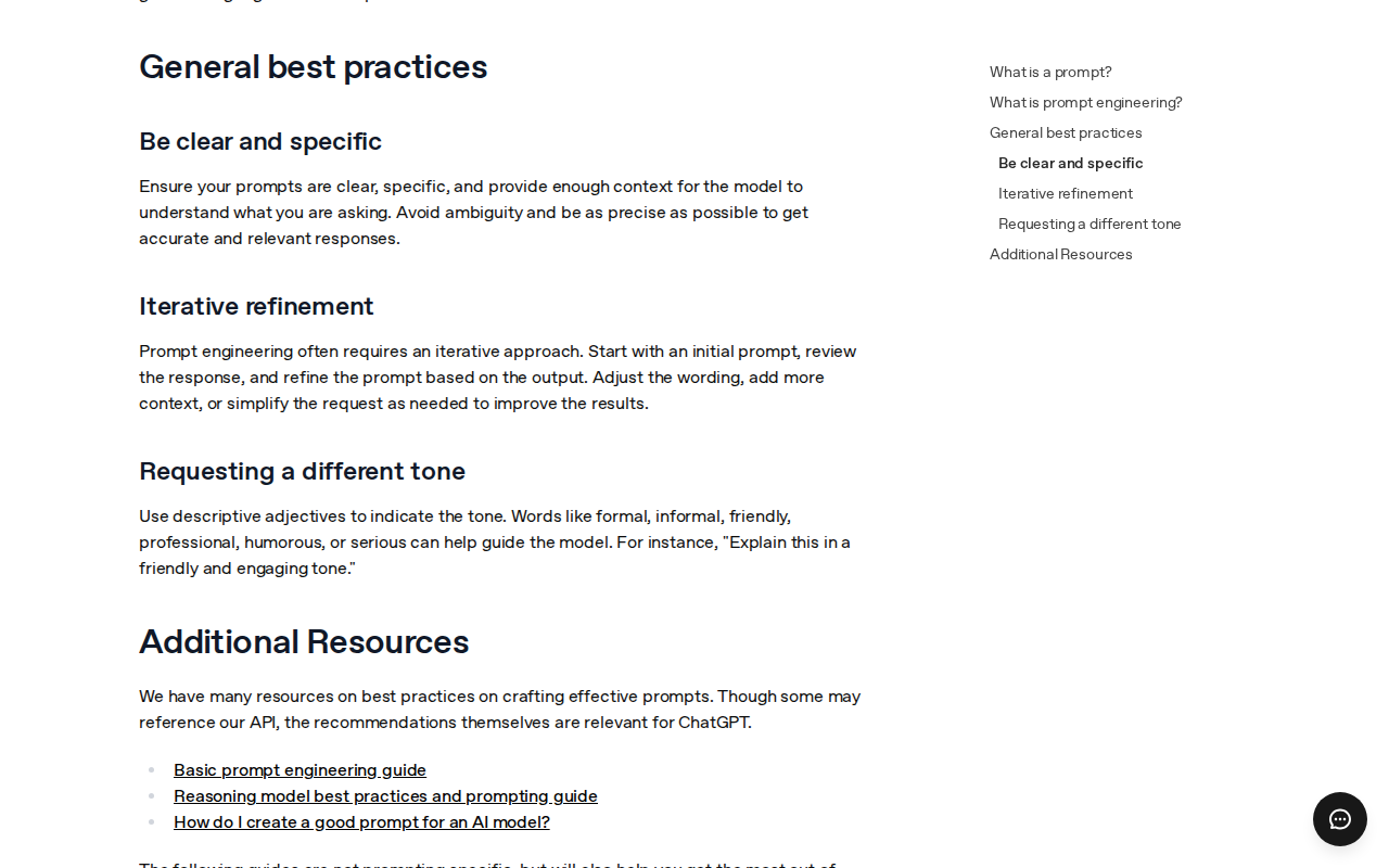 OpenAI’s help page "Prompt engineering best practices for ChatGPT", showing three tips: be clear and specific, iterative refinement, and requesting a different tone.