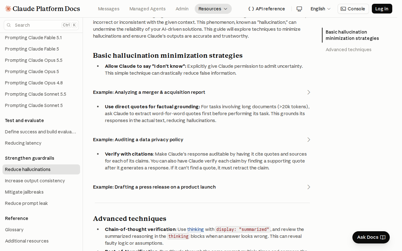 Anthropic’s guide "Reduce hallucinations", at the first strategy: allow Claude to say "I don’t know" by explicitly giving it permission to admit uncertainty.