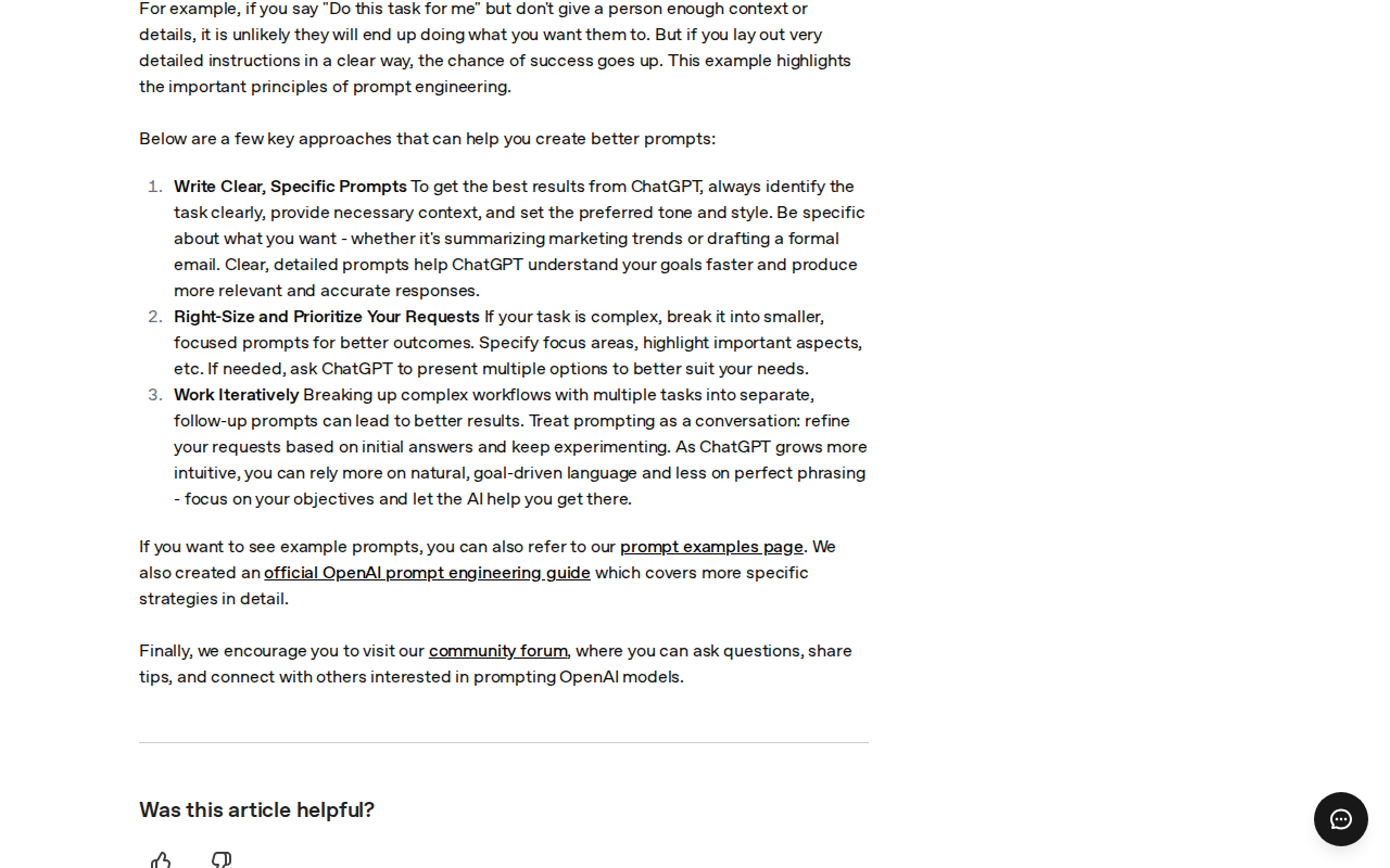 OpenAI’s help page "How do I create a good prompt for an AI model?", showing the tips to right-size and prioritise requests and to work iteratively, treating prompting as a conversation.