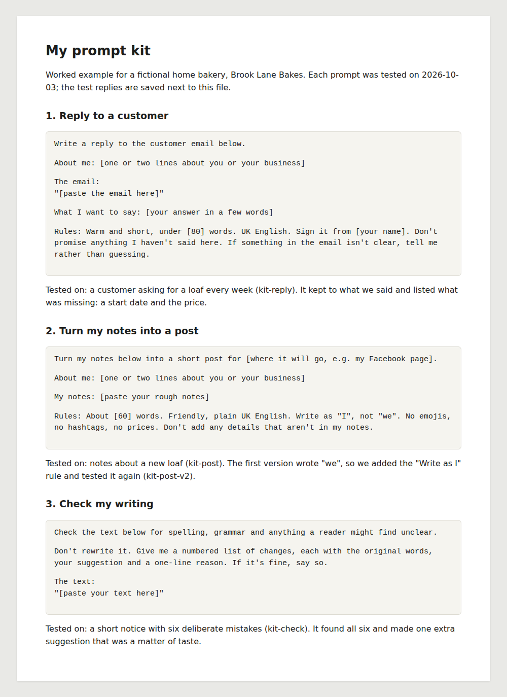 Our finished prompt kit for Brook Lane Bakes: three reusable, tested prompts with square brackets for the details.